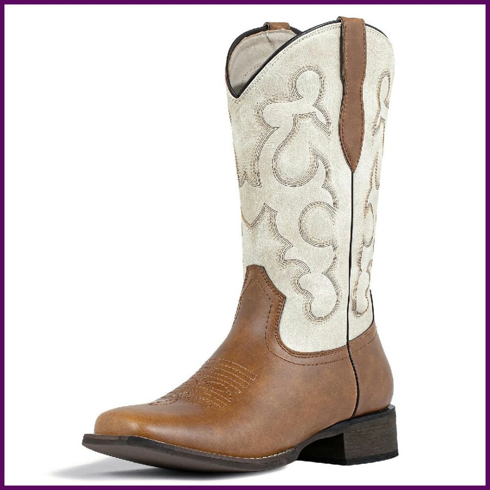 Women's Square Toe Cowboy Boots Mid Calf Western Boots Comfortable Wide Toe